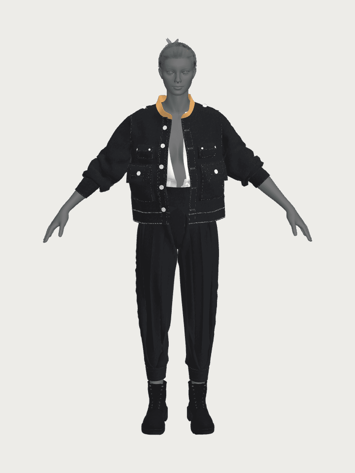 Ensemble denim noir, veste courte et pantalon ample à pinces
