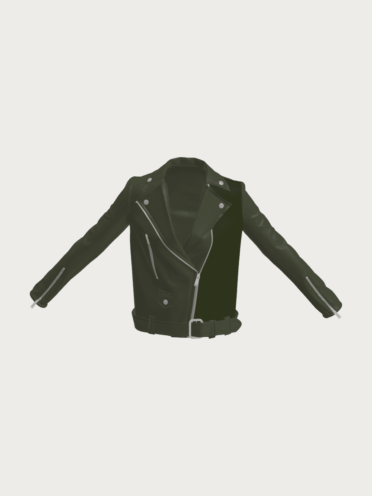 Veste en cuir vert olive, col cranté et ceinture à boucle